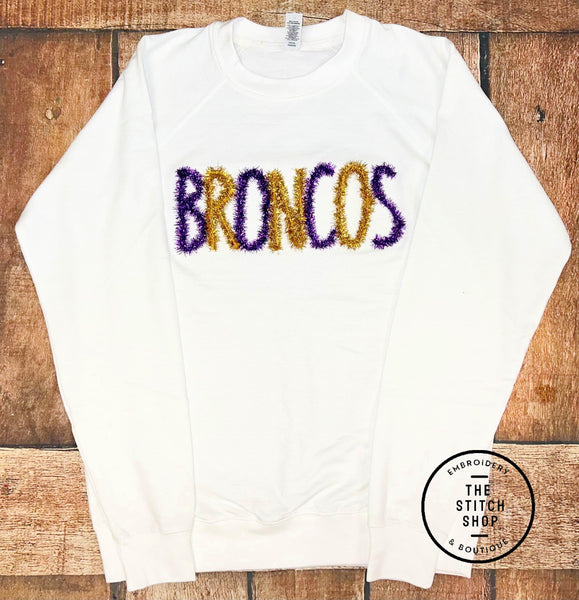 Broncos Embroidered Tinsel Loopback Terry Sweatshirt