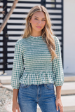 Plaid 3/4 Sleeve Shirred Peplum Top