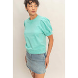 Puff Sleeve V-Stitch Crew Neck Top