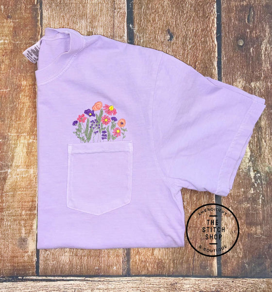 Comfort Colors Floral Embroidered Pocket Tee