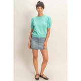 Puff Sleeve V-Stitch Crew Neck Top