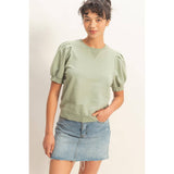 Puff Sleeve V-Stitch Crew Neck Top