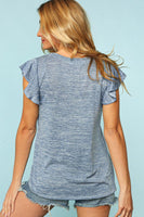 Two Toned Slub V Neck Ruffle Sleeve Top
