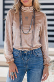 Ruffled Neck Long Sleeve Velvet Western Pullover Top