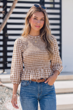 Plaid 3/4 Sleeve Shirred Peplum Top