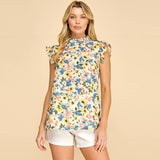 Floral Ruffle Sleeve High Neck Top