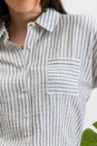 STRIPE COLLARED SHORT SLEEVE LINEN SHIRT