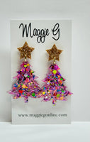Christmas Tree Pink Tinsel Resin Earrings 