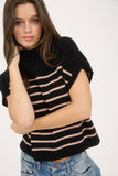 STRIPE MOCK NECK SHORT SLEEVE KNIT SWEATER