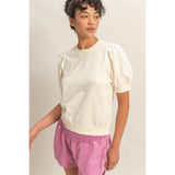 Puff Sleeve V-Stitch Crew Neck Top