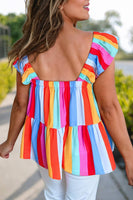 Women Casual Stripe Print Ruffled Straps Tank Top