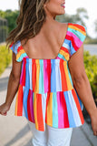 Women Casual Stripe Print Ruffled Straps Tank Top