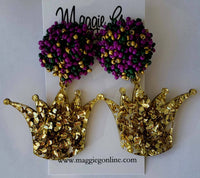 Crown, Gold Glitter, Mardi Gras, Acrylic Earrings Seed Bead