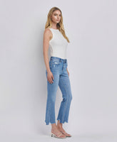 HIGH RISE UNEVEN RAW HEM KICK FLARE JEANS