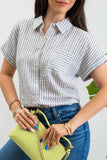 STRIPE COLLARED SHORT SLEEVE LINEN SHIRT