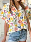 Floral Boxy Fit Ruffled Short Sleeve V Neck Blouse