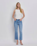 HIGH RISE UNEVEN RAW HEM KICK FLARE JEANS
