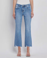 HIGH RISE UNEVEN RAW HEM KICK FLARE JEANS
