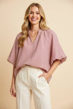 Vertical Stripe Bubble Sleeve Scallop Hem Blouse