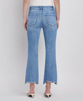 HIGH RISE UNEVEN RAW HEM KICK FLARE JEANS