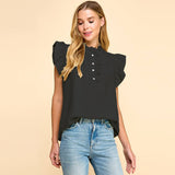 Solid Top with Ruffled Sleeves and Button Detail