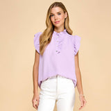 Solid Top with Ruffled Sleeves and Button Detail