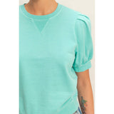 Puff Sleeve V-Stitch Crew Neck Top