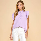 Solid Top with Ruffled Sleeves and Button Detail