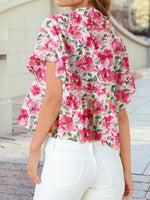 Floral Boxy Fit Ruffled Short Sleeve V Neck Blouse