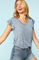 Two Toned Slub V Neck Ruffle Sleeve Top