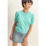 Puff Sleeve V-Stitch Crew Neck Top