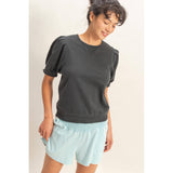 Puff Sleeve V-Stitch Crew Neck Top