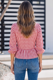 Plaid 3/4 Sleeve Shirred Peplum Top