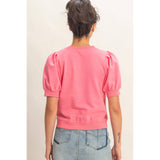 Puff Sleeve V-Stitch Crew Neck Top