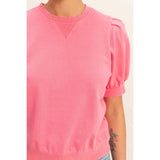 Puff Sleeve V-Stitch Crew Neck Top