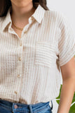 STRIPE COLLARED SHORT SLEEVE LINEN SHIRT