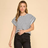 Striped Rolled Sleeve Knit Top