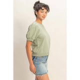Puff Sleeve V-Stitch Crew Neck Top