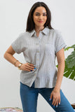 STRIPE COLLARED SHORT SLEEVE LINEN SHIRT