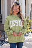 JESUS Letter Patch Graphic Exposed Seam Mock Neck Sweatshirt