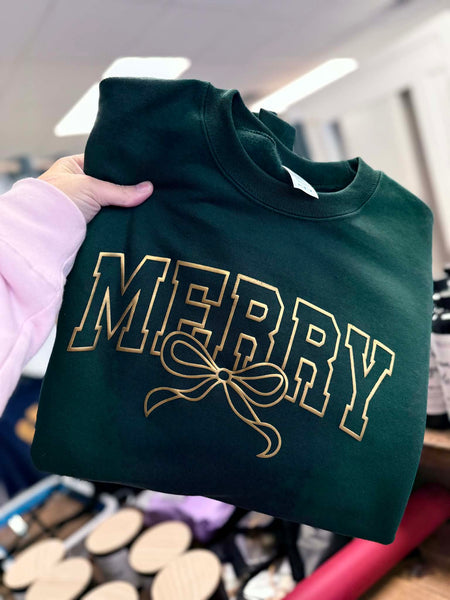 Puff Print Merry Outline with Bow Unisex Port and Company Soft Style Sweatshirt