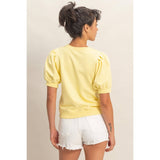 Puff Sleeve V-Stitch Crew Neck Top