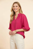Vertical Stripe Bubble Sleeve Scallop Hem Blouse