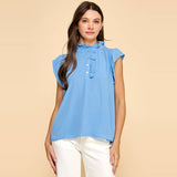 Solid Top with Ruffled Sleeves and Button Detail
