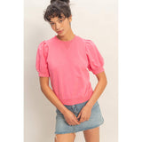 Puff Sleeve V-Stitch Crew Neck Top