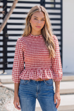 Plaid 3/4 Sleeve Shirred Peplum Top