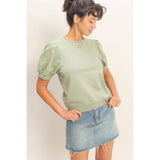 Puff Sleeve V-Stitch Crew Neck Top