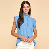 Solid Top with Ruffled Sleeves and Button Detail