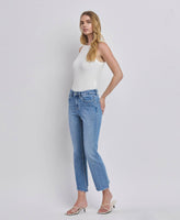 HIGH RISE UNEVEN RAW HEM KICK FLARE JEANS