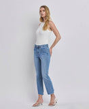 HIGH RISE UNEVEN RAW HEM KICK FLARE JEANS